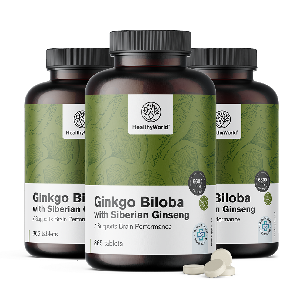 Ginko biloba cu ginseng siberian sub formă de tablete.